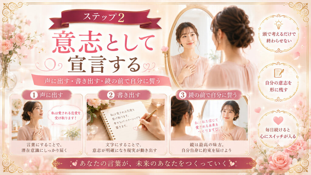 恋愛で望む未来を声や文字にして自分の意志として宣言するステップ2の図解