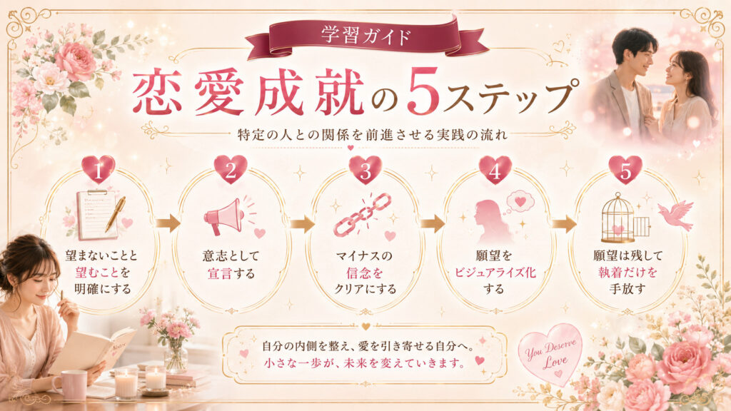 特定の人との恋愛成就へ向けて内面と行動を整える5ステップをまとめた図解