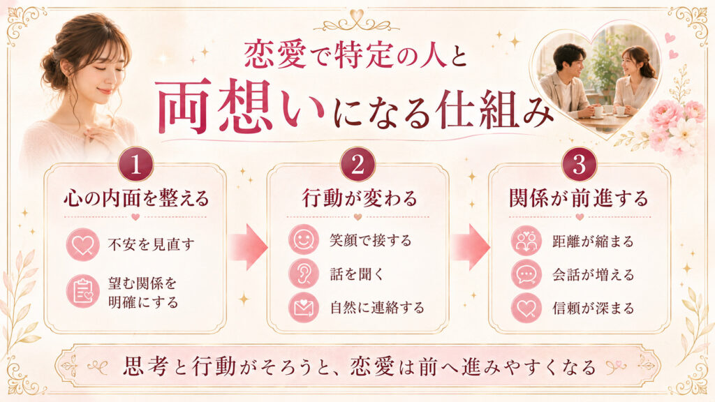 自分の内面を整えることで行動が変わり特定の人との恋愛関係が前進する仕組みの図解