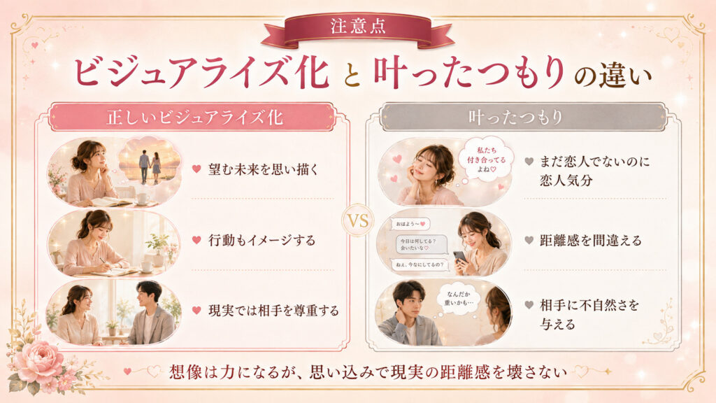正しい恋愛のビジュアライゼーションと恋人になったつもりで接する行動の違いを比較した図解