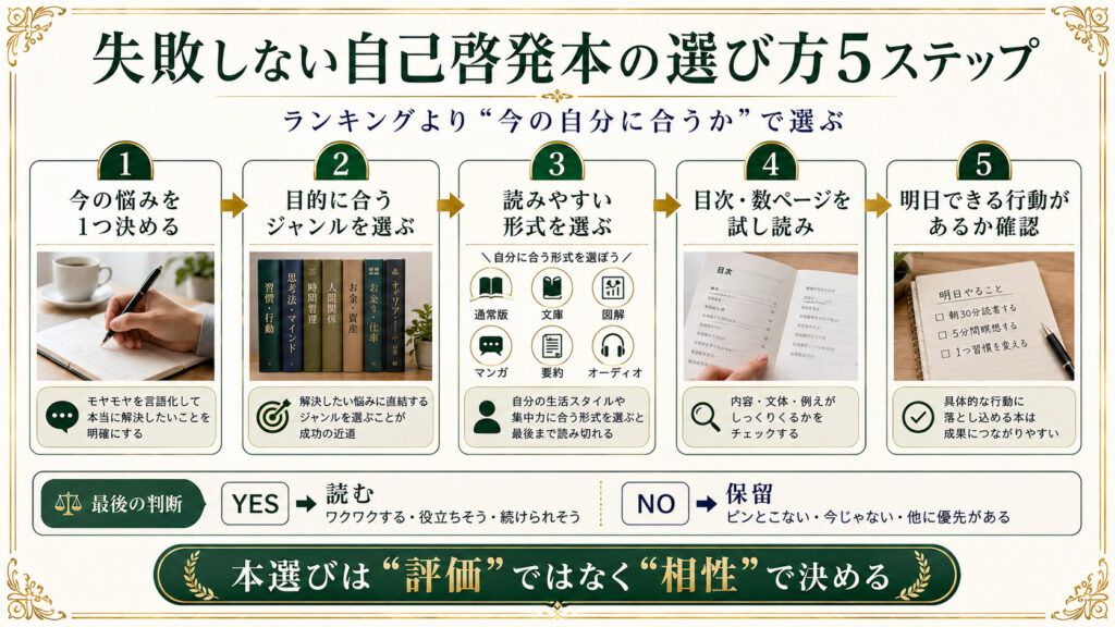 自分に合った自己啓発本を悩み・目的・形式・試し読み・行動の5ステップで選ぶ図解