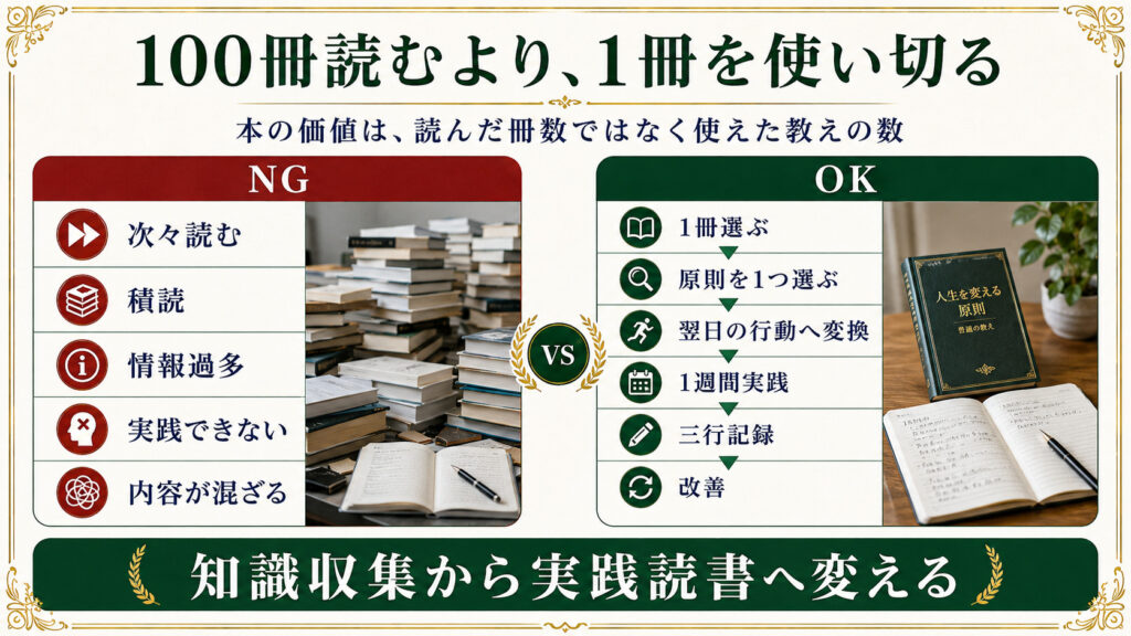 自己啓発本を100冊読むより1冊から1つの教えを選んで実践する読書法の図解