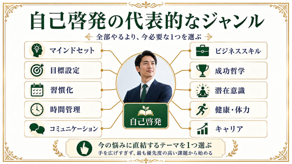 マインドセットや目標設定など自己啓発の代表的な10ジャンルを整理した図解