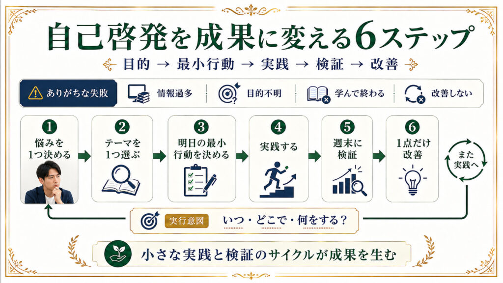 自己啓発を目的設定から最小行動・実践・検証・改善へつなげる6ステップ