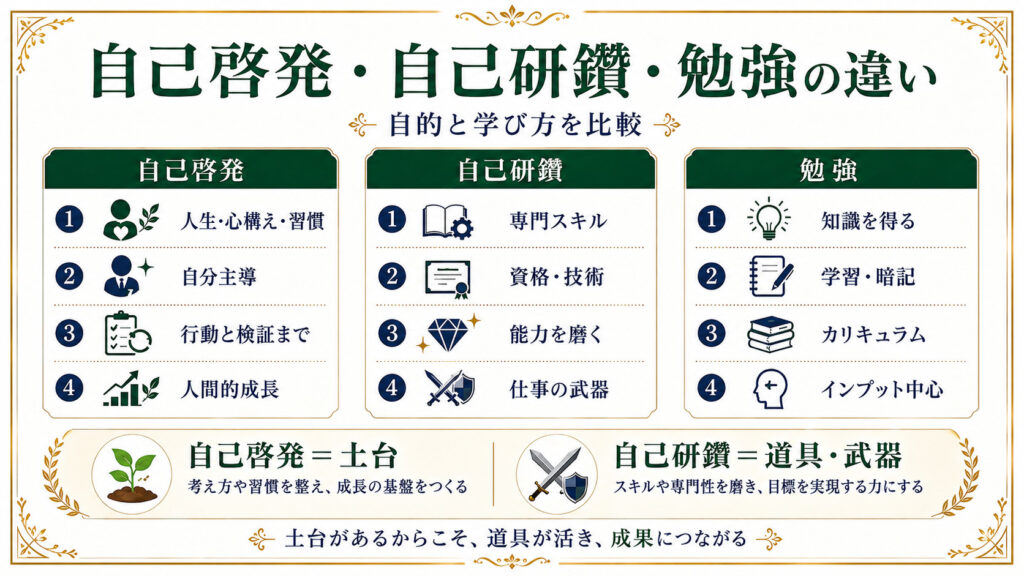 自己啓発・自己研鑽・勉強の目的と学び方の違いを比較した図解