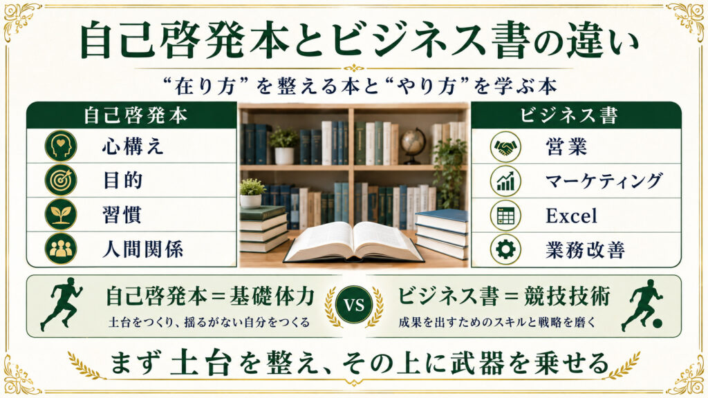 自己啓発本とビジネス書の違いを在り方とやり方、基礎体力と競技技術で比較した図解