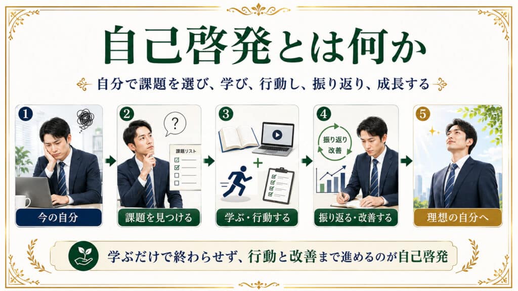 自己啓発で課題を見つけ学習・行動・改善を繰り返して理想の自分へ成長する流れ