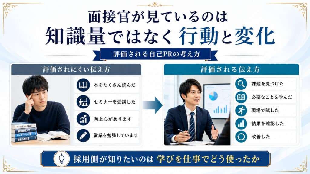 面接官が自己啓発の知識量ではなく実践した行動と変化を評価することを示す比較図