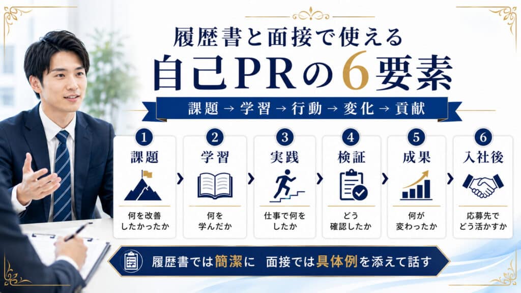 履歴書と面接で使える課題・学習・実践・検証・成果・入社後の自己PR6要素