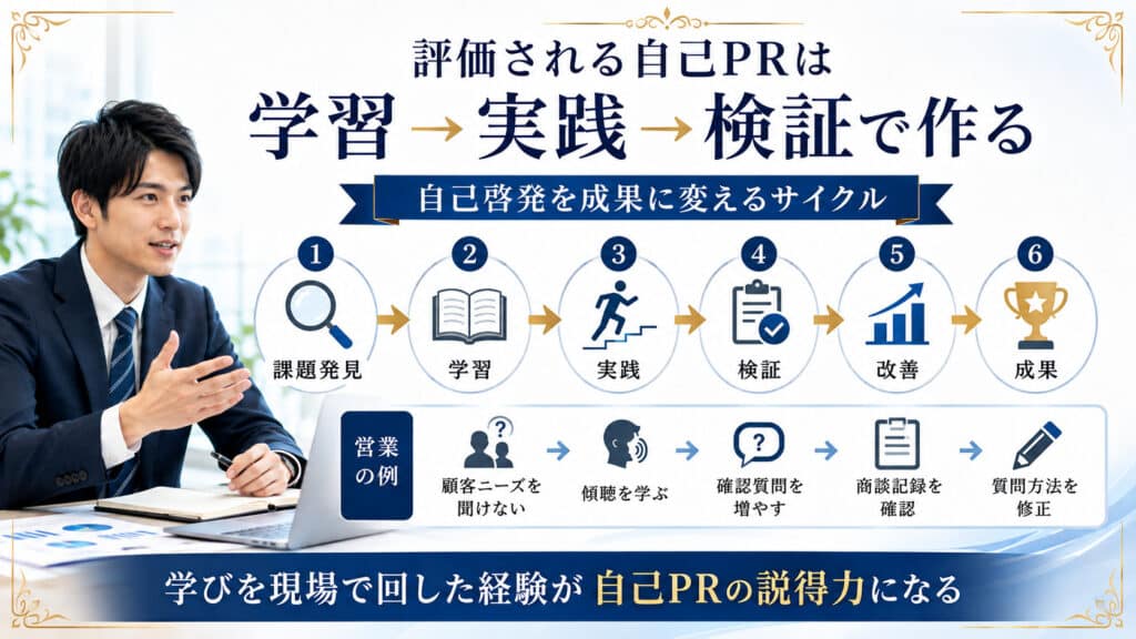 課題発見から学習・実践・検証・改善・成果へつなげる自己PRサイクルの図解