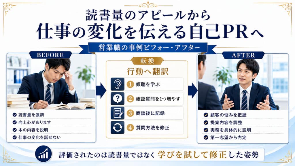 読書量のアピールから学びを仕事の行動と変化で伝える自己PRへ改善したビフォーアフター