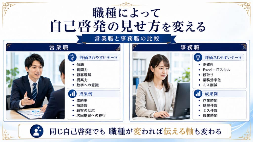 営業職と事務職で自己啓発の自己PRに盛り込むテーマと成果の違いを比較した図解
