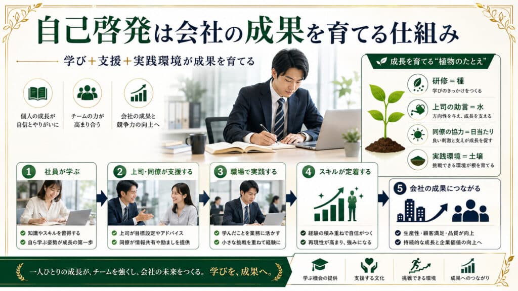 会社の自己啓発が社員の学びと上司・同僚の支援、職場での実践を通じて成果につながる仕組み