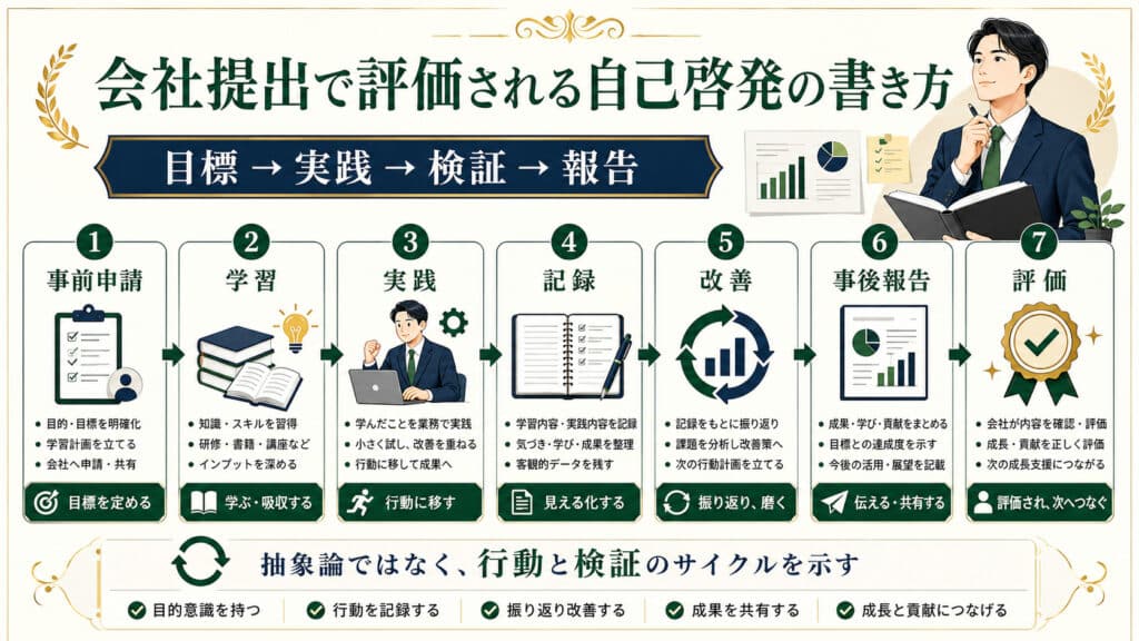 会社提出の自己啓発を事前申請から学習・実践・記録・改善・報告・評価へつなげる流れ