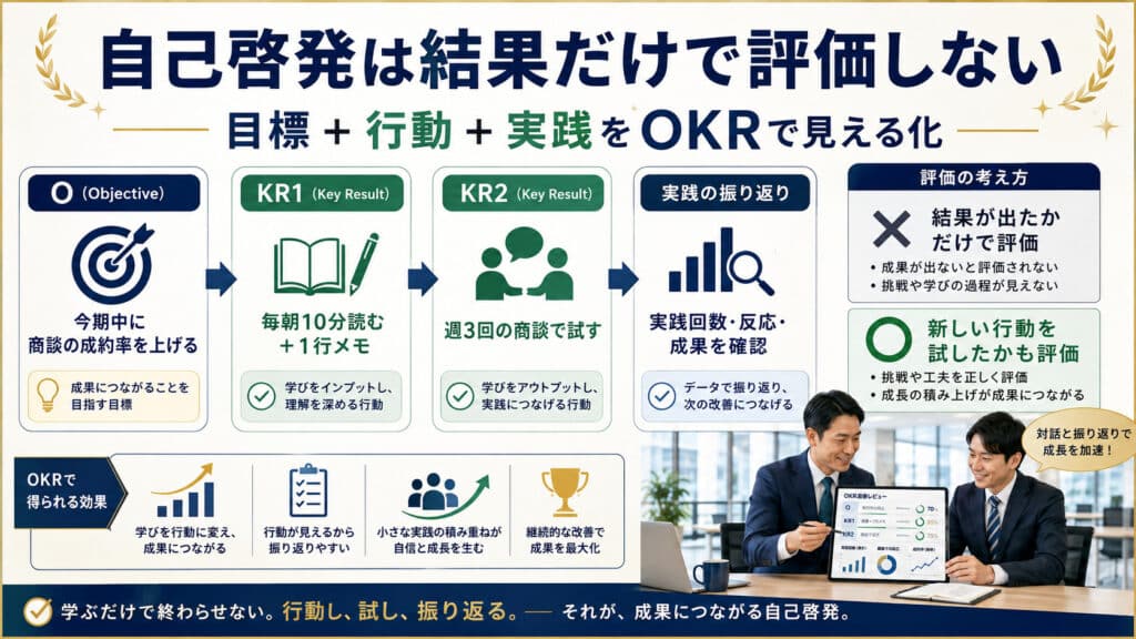 自己啓発を結果だけでなく目標・行動・実践までOKRで評価する方法の図解