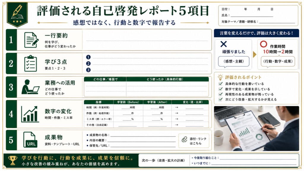 会社から評価される自己啓発レポートに必要な一行要約・学び・業務活用・数字・成果物の5項目