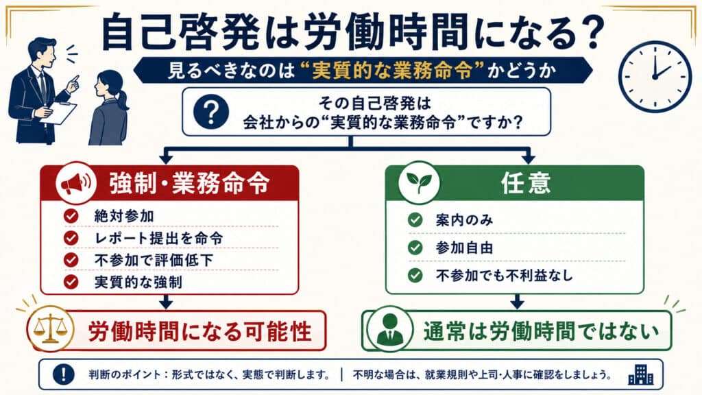 会社から強制された自己啓発が労働時間になる可能性と任意参加との違いを示す図解