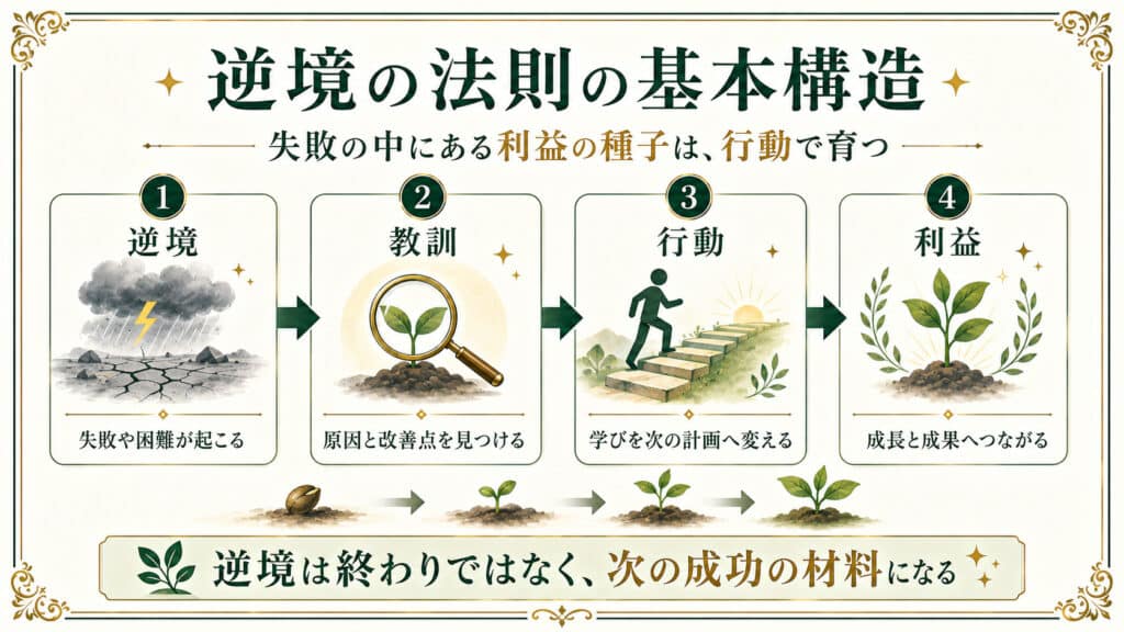 逆境の法則の基本構造として、逆境から教訓・行動・利益へ進む流れを4段階で示した図解