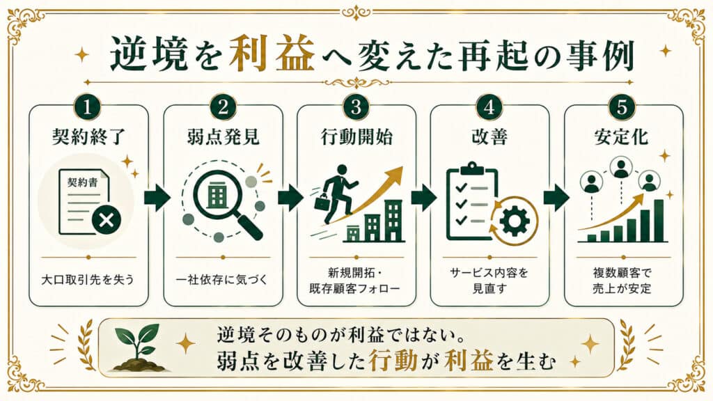 逆境を利益へ変えた再起の事例として、契約終了から安定化までの流れを5段階で表した図解