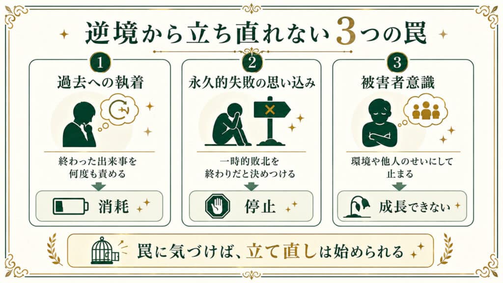逆境から立ち直れない人が陥りやすい3つの罠を整理した図解