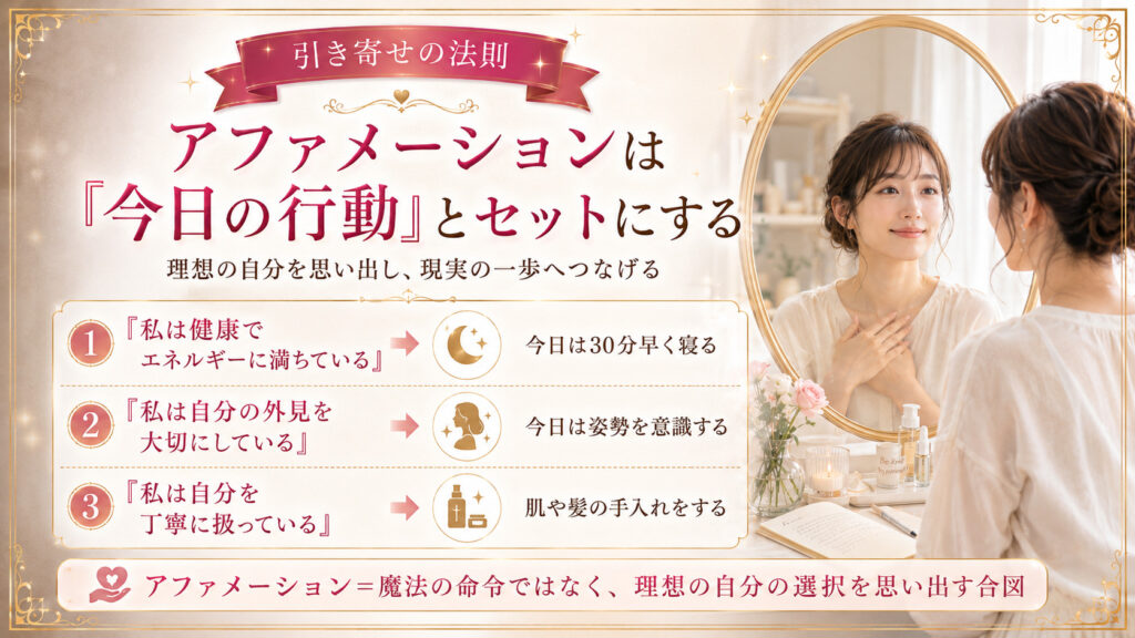 健康や美容のアファメーションを唱えるだけでなく今日の具体的な行動とセットにする方法を示した図解