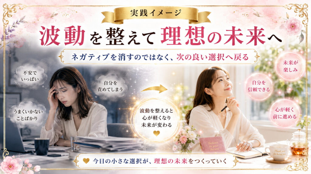 ネガティブな感情を整えて理想の未来へ進む流れを示した図解