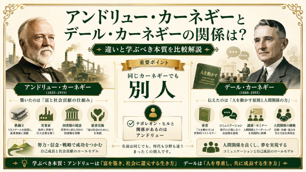 アンドリュー・カーネギーとデール・カーネギーの違いと学ぶべき本質を比較したアイキャッチ画像