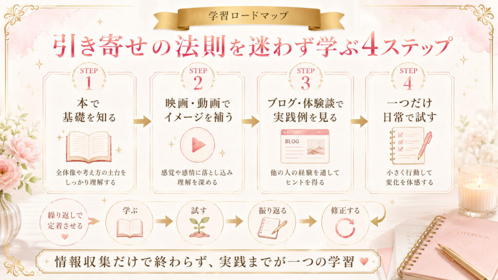 引き寄せの法則を本、動画、ブログ、実践の順に学ぶ4ステップを示した図解