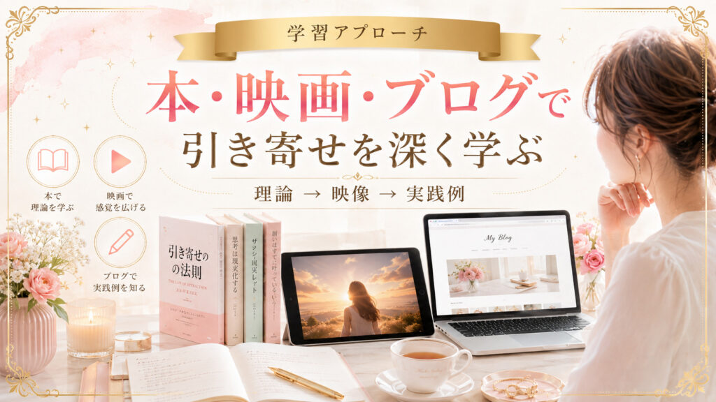 本、映画、ブログを組み合わせて引き寄せを学ぶ流れを表した図解