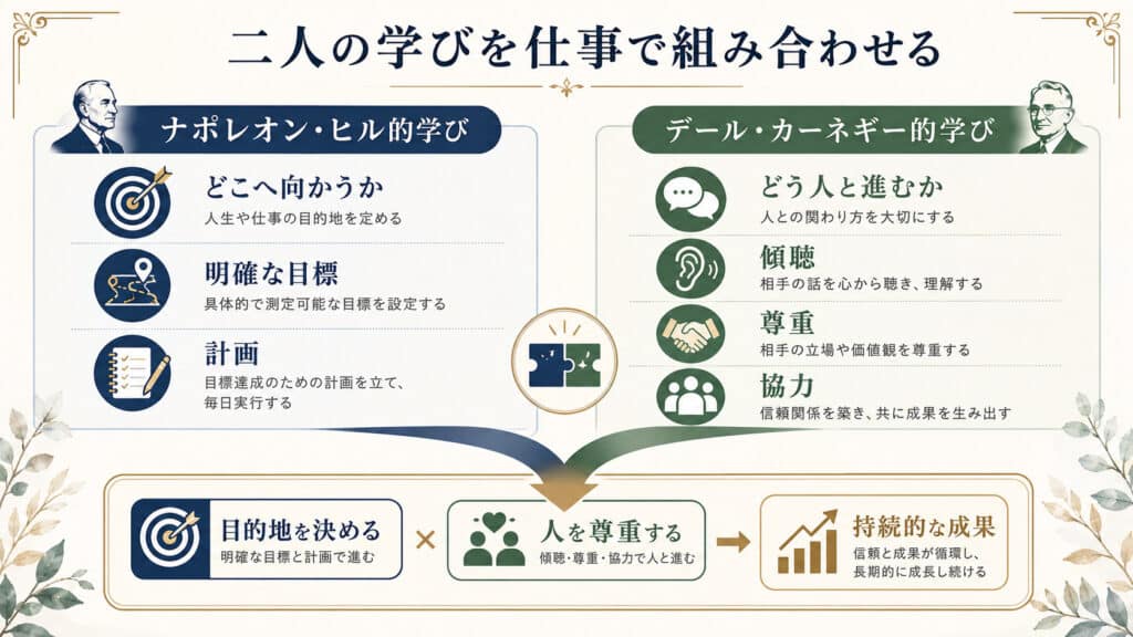 ナポレオン・ヒルの目標達成の学びとデール・カーネギーの人間関係の学びを仕事で組み合わせる方法を示した図解
