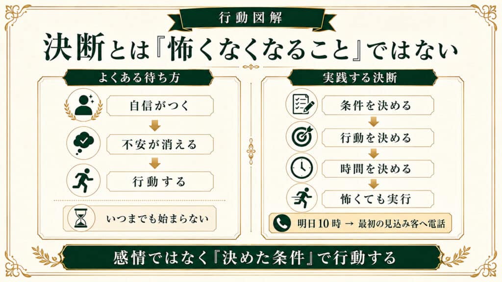 恐怖が消えるのを待つのではなく条件・行動・時間を先に決めて実行する決断の方法を示した図解