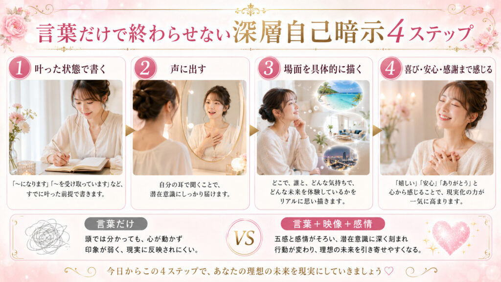言葉と映像と感情を組み合わせて行う深層自己暗示4ステップの図解