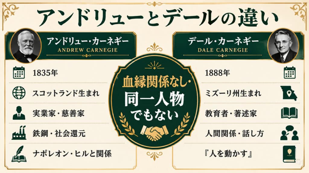 アンドリュー・カーネギーとデール・カーネギーの生年、出身、役割、実績の違いを比較した図解