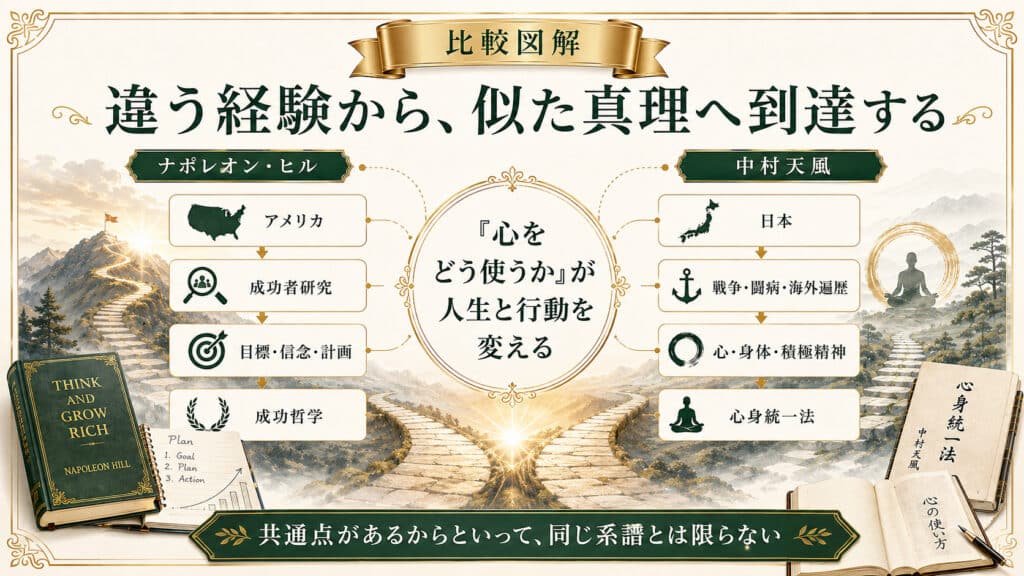 ナポレオン・ヒルと中村天風が異なる道を歩みながら同じ真理に到達していることを示した比較図解