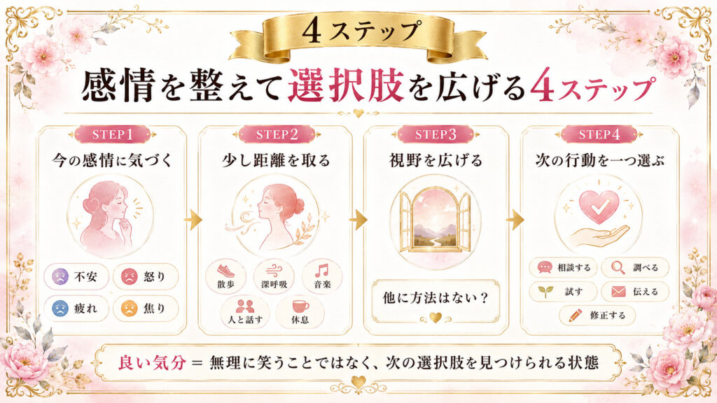 感情を整えて視野を広げ次の行動を選ぶ4ステップをまとめた図解