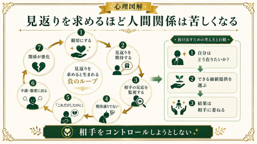 親切への見返りを求めることで不満や摩擦が生まれる負のループと抜け出す方法を示した図解