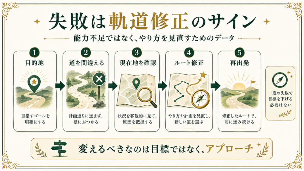 失敗を能力不足ではなく軌道修正のサインとして捉え直す考え方を5段階で表した図解