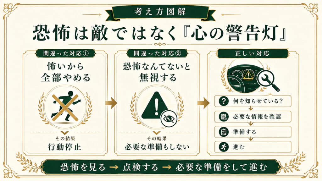 恐怖を消すべき敵ではなく必要な準備を知らせる心の警告灯として捉える方法を示した図解