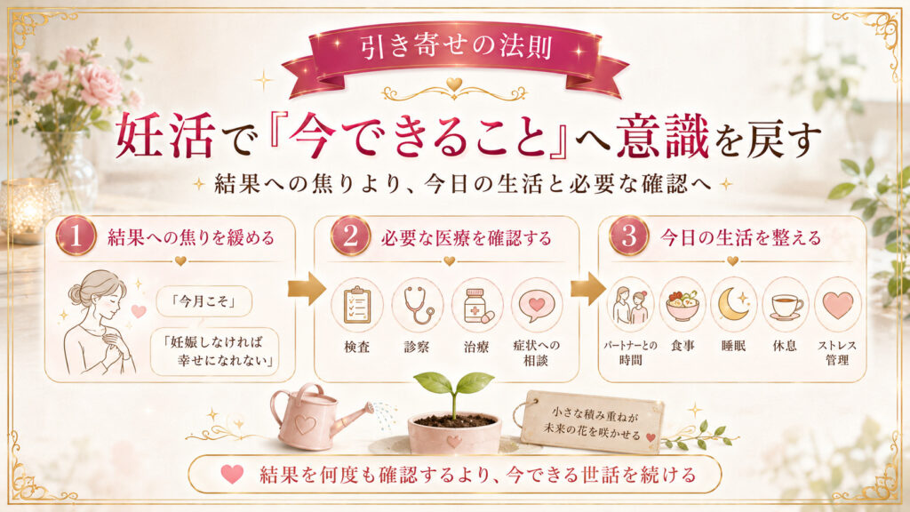 妊活で結果への焦りを緩め必要な医療を確認し今日の生活を整える3ステップ図解