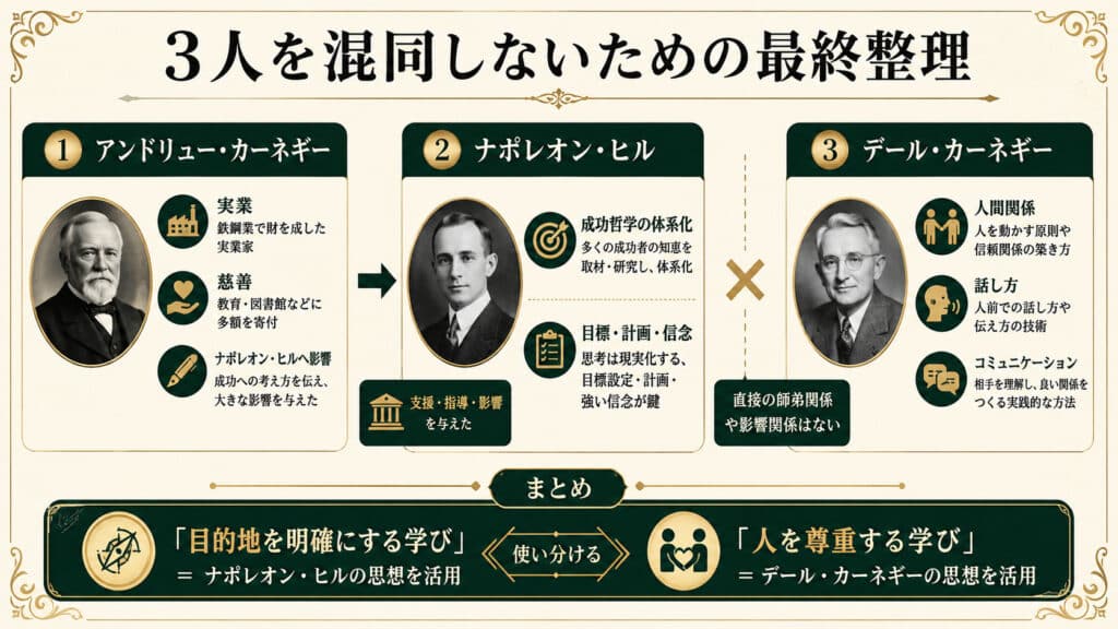 アンドリュー・カーネギー、ナポレオン・ヒル、デール・カーネギーの違いとつながりを最終整理した図解