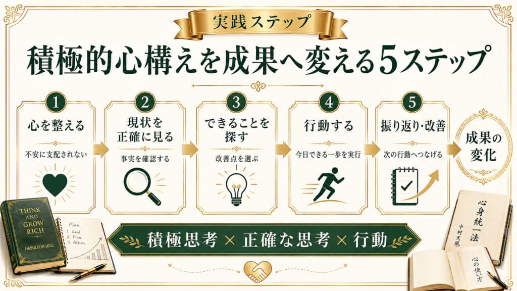 積極的心構えを具体的な成果へ変える5つの流れを示したステップ図解