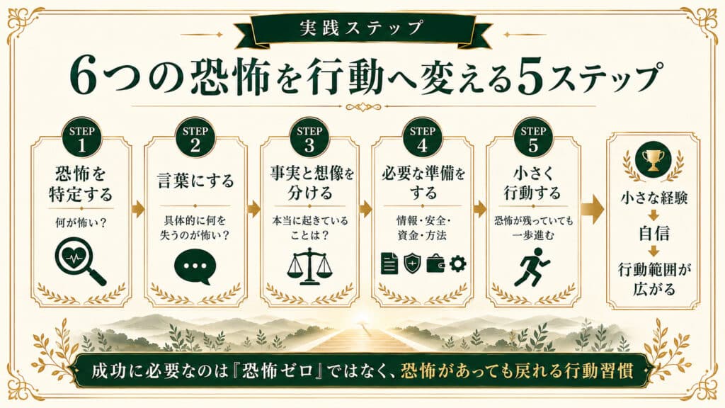 恐怖の特定から言語化・事実確認・準備・小さな行動まで6つの恐怖を行動へ変える5ステップ図解
