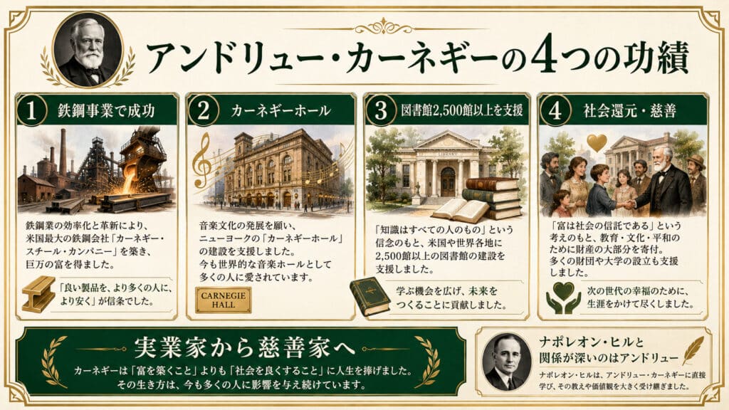アンドリュー・カーネギーの鉄鋼事業、カーネギーホール、図書館支援、社会還元の4つの功績をまとめた図解