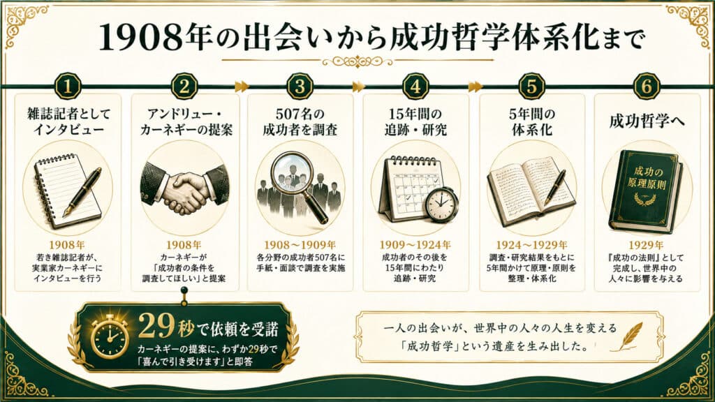 1908年の出会いから成功哲学が体系化されるまでの流れを年表形式で整理した図解