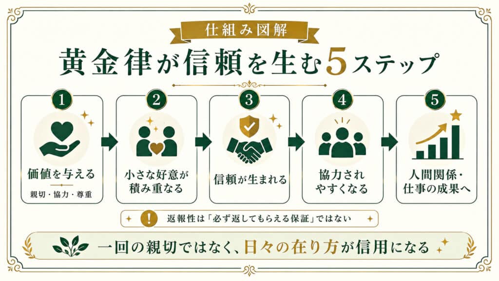 価値提供から信頼と協力が生まれ人間関係や仕事の成果につながる黄金律の5ステップ図解