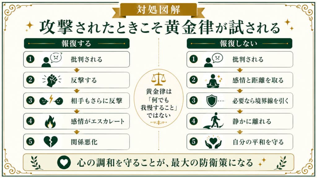 批判や攻撃を受けた際に報復せず距離や境界線を取り心の調和を守る方法を示した図解