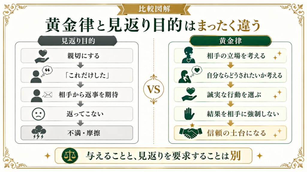 見返りを目的にした親切と相手の立場を考えて行動する黄金律の違いを比較した図解