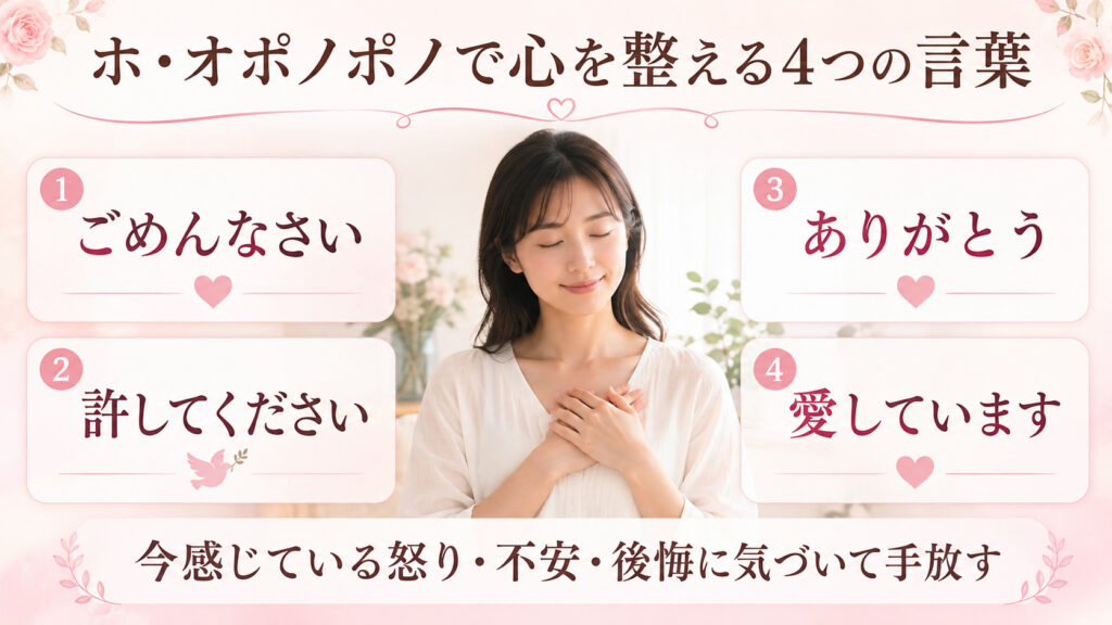 ホ・オポノポノの4つの言葉で怒りや不安や後悔に気づいて心を整える図解