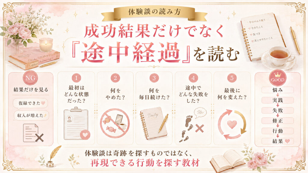 成功体験談を読むときに結果だけでなく途中経過を見るポイントを示した図解