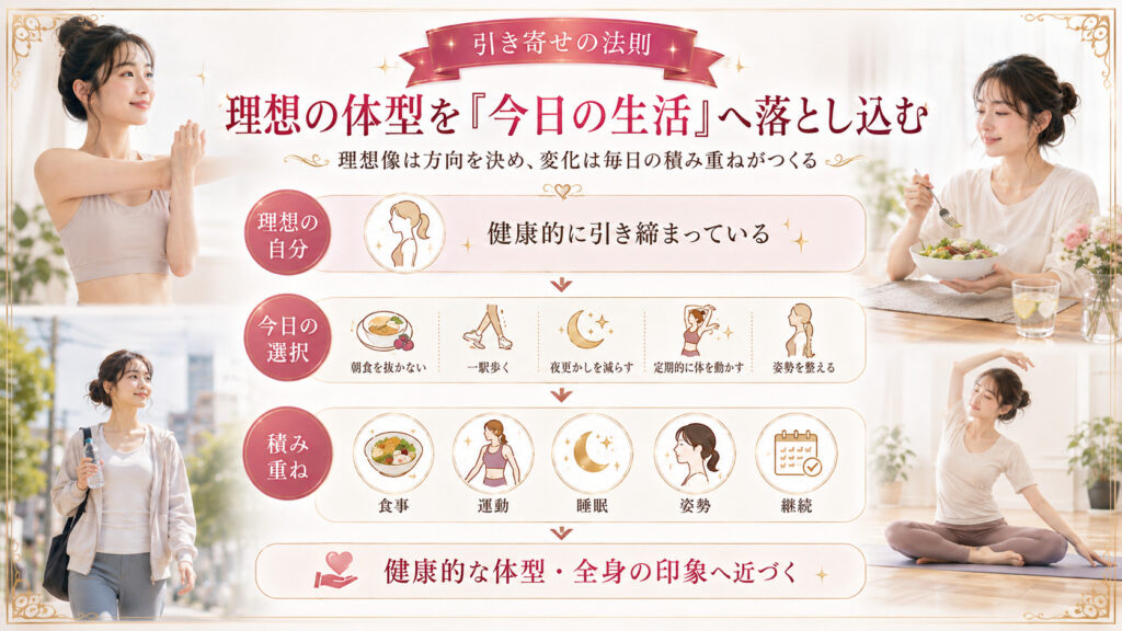 理想の体型を食事や運動や睡眠など今日の生活習慣へ落とし込む方法を示した図解